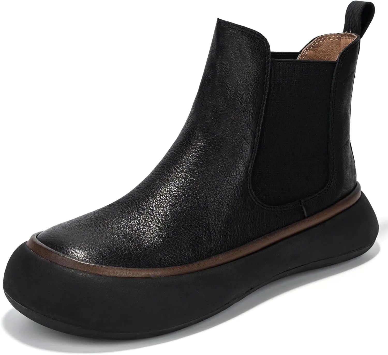 Women's Chelsea Boots Fashion Lug Sole Chunky Platform Heel Slip On Elastic Wide Ankle Booties, Genuine Leather Round Toe Pull On Cowgirl Short Boots
