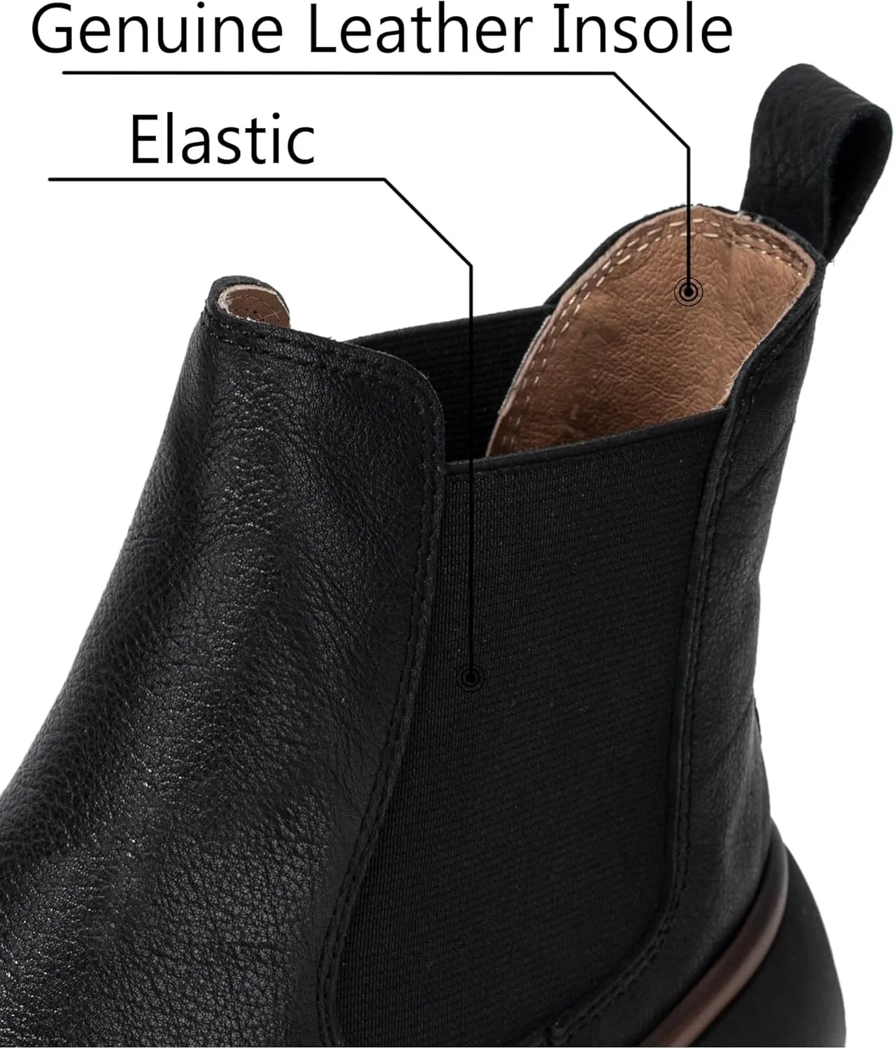 Women's Chelsea Boots Fashion Lug Sole Chunky Platform Heel Slip On Elastic Wide Ankle Booties, Genuine Leather Round Toe Pull On Cowgirl Short Boots