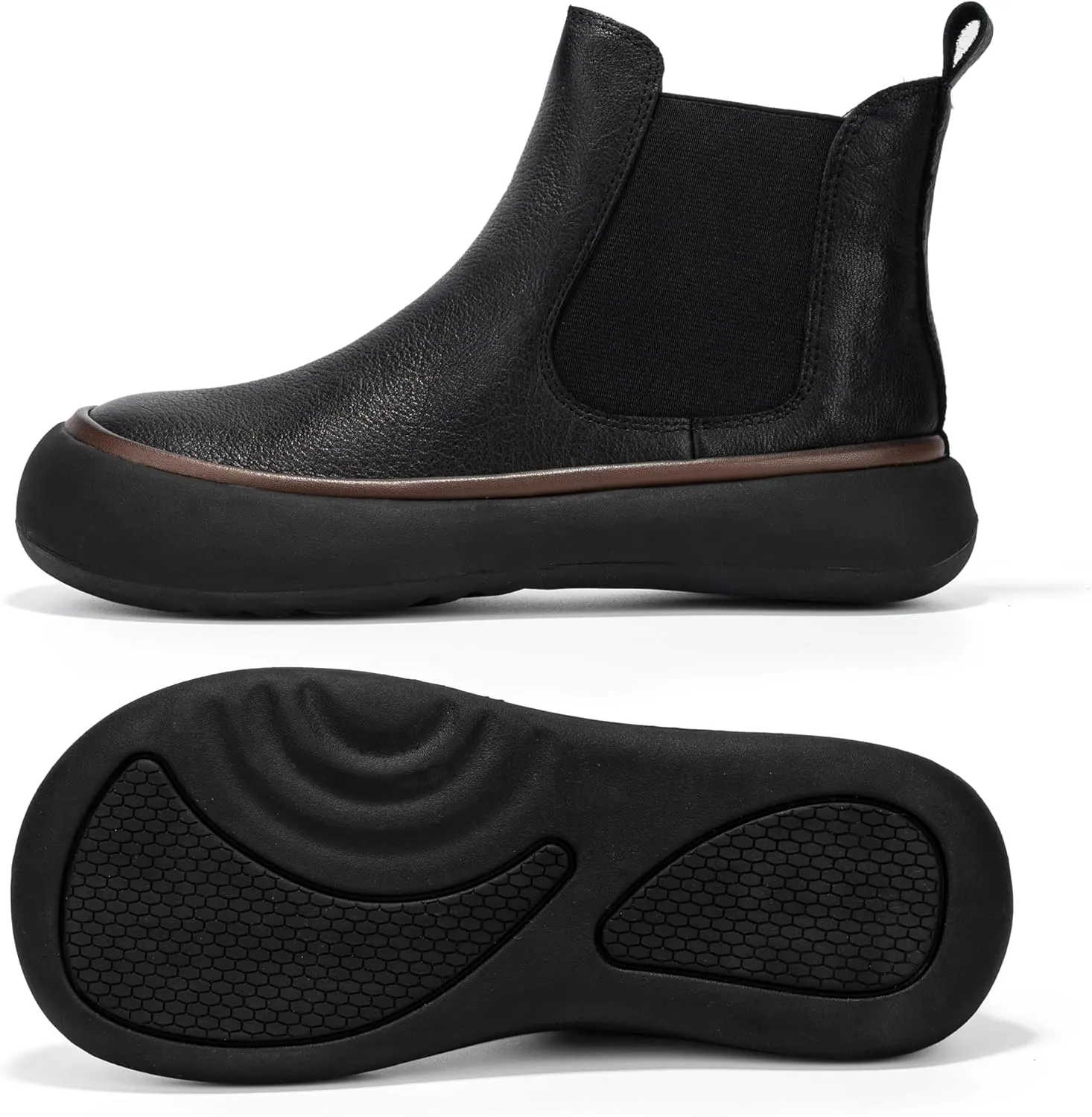 Women's Chelsea Boots Fashion Lug Sole Chunky Platform Heel Slip On Elastic Wide Ankle Booties, Genuine Leather Round Toe Pull On Cowgirl Short Boots
