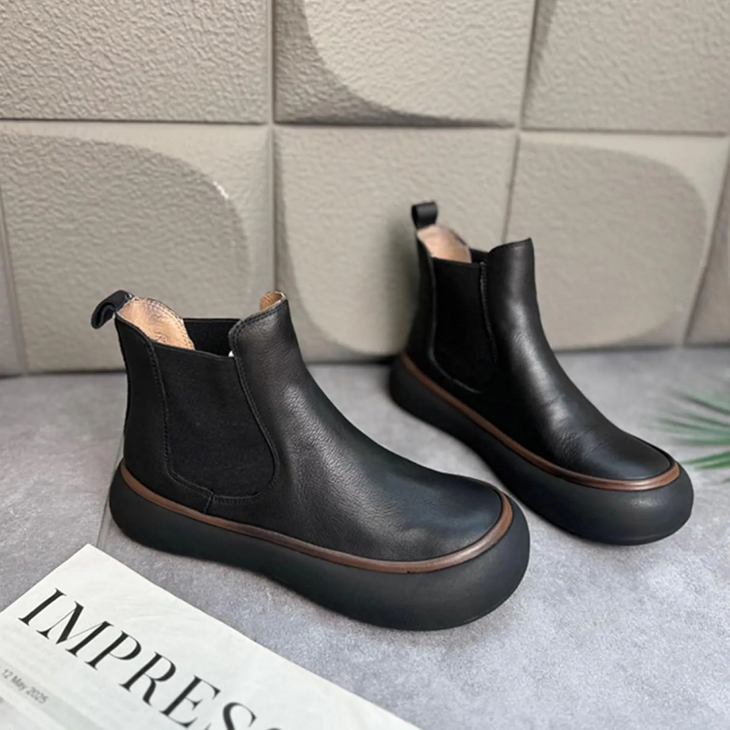 Women's Chelsea Boots Fashion Lug Sole Chunky Platform Heel Slip On Elastic Wide Ankle Booties, Genuine Leather Round Toe Pull On Cowgirl Short Boots