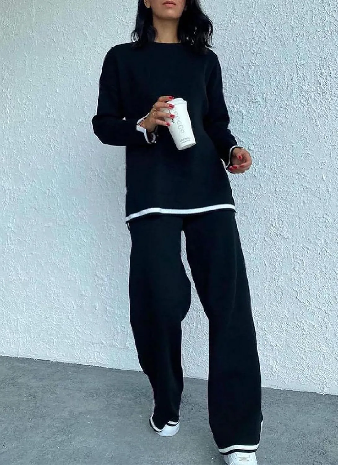 Women's Chic Black Plain Round Neck Long Sleeve 2 Piece Set 2025 Summer Casual Travel Outfits Trendy Outfits