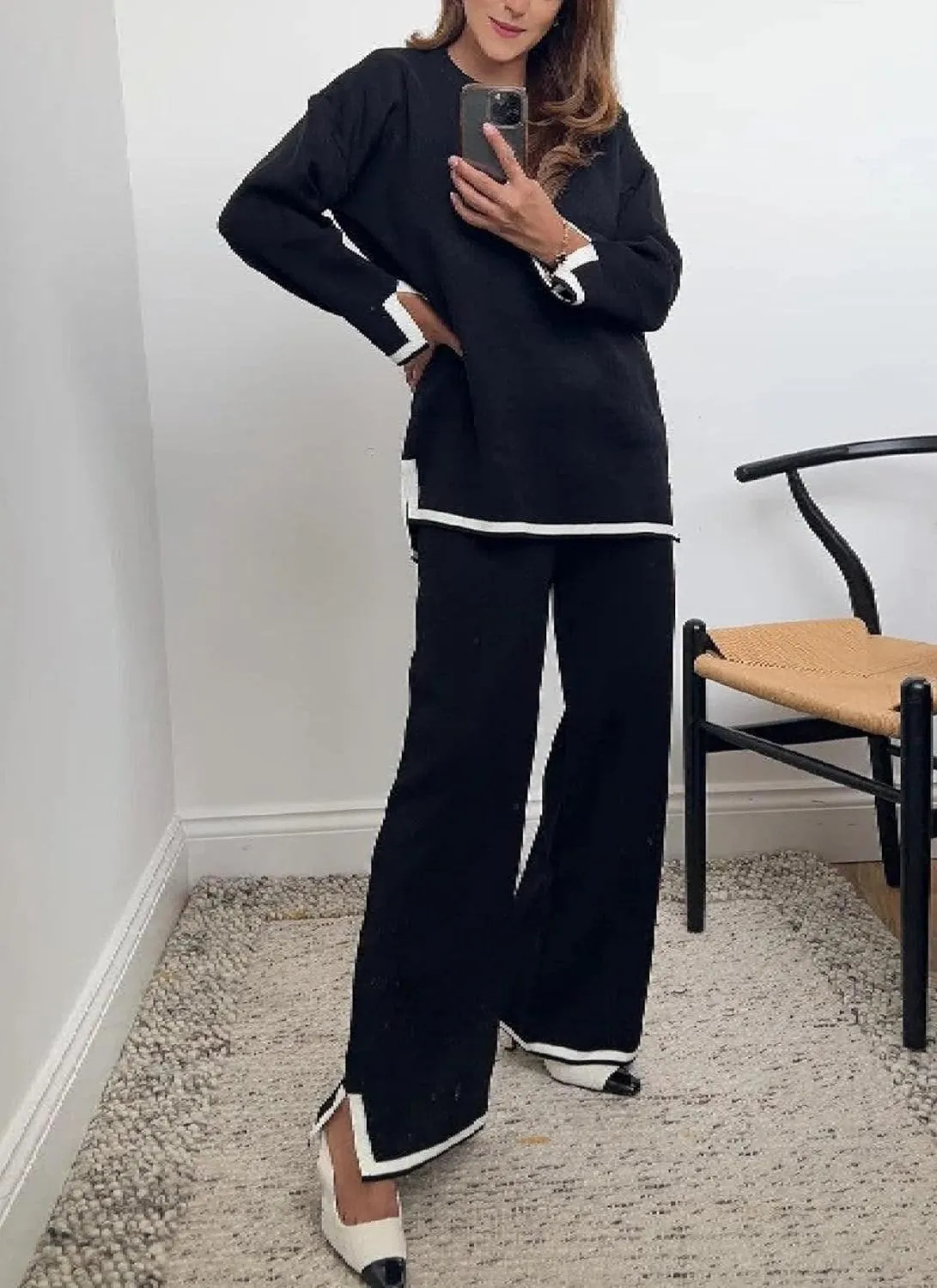 Women's Chic Black Plain Round Neck Long Sleeve 2 Piece Set 2025 Summer Casual Travel Outfits Trendy Outfits