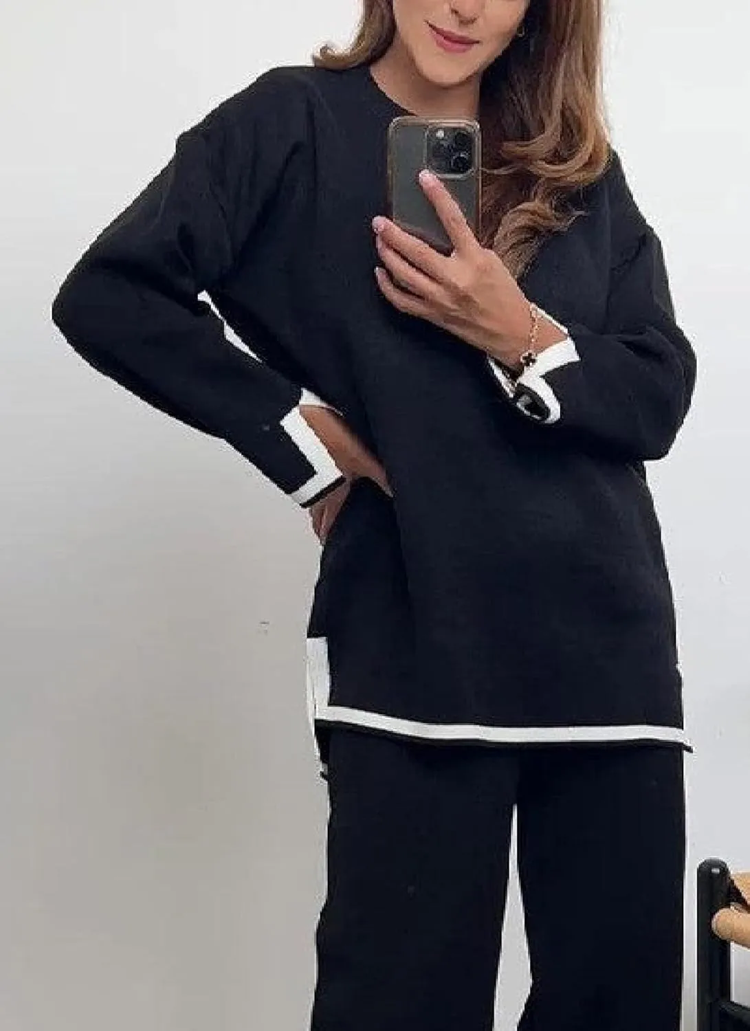 Women's Chic Black Plain Round Neck Long Sleeve 2 Piece Set 2025 Summer Casual Travel Outfits Trendy Outfits