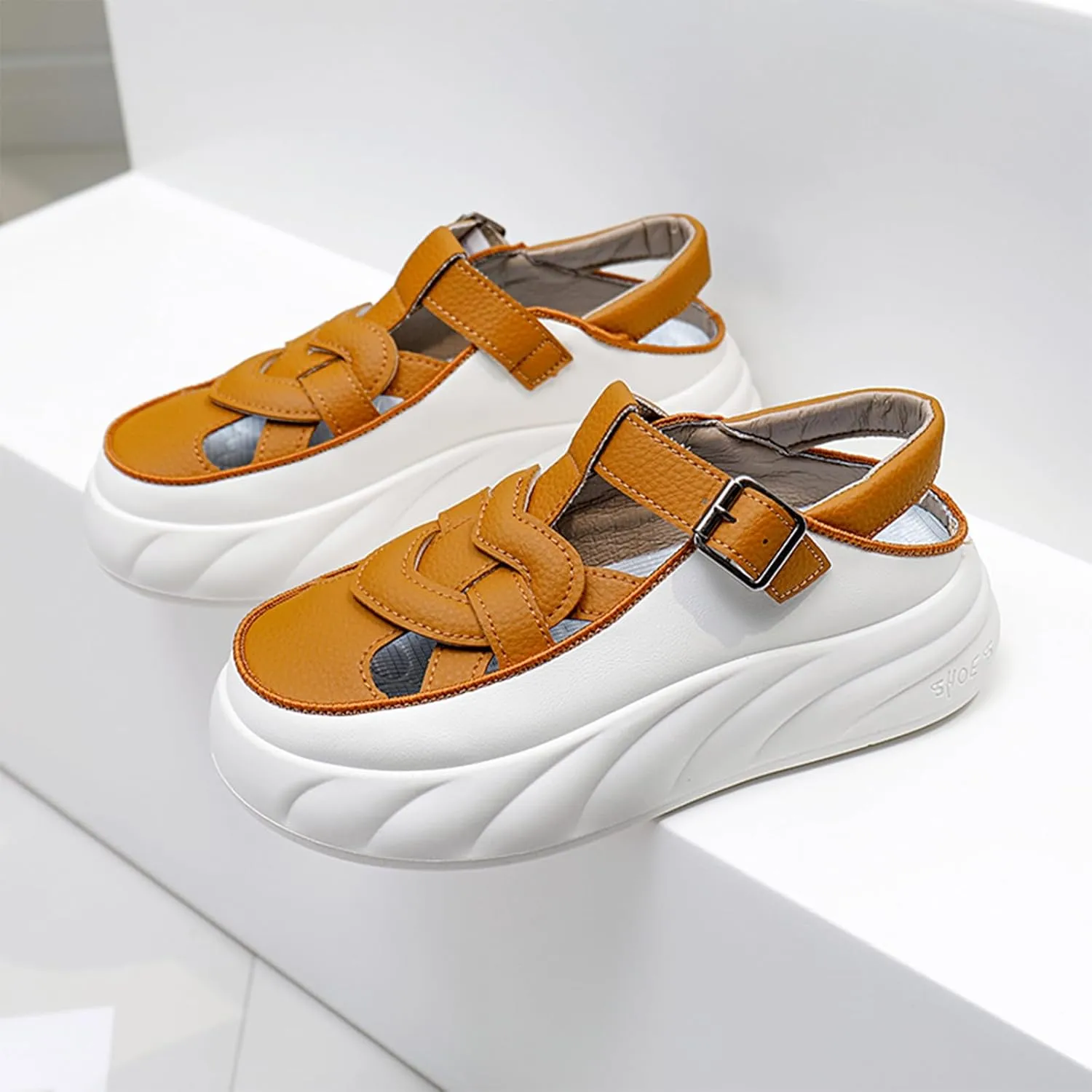 Womens Chunky Platform Leather Out Fisherman Sandals with Adjust Buckle Closed Round Toe Breathable Wear-Resistant Damping Increase Height Summer Outdoor Walking Sport Casual Shoes