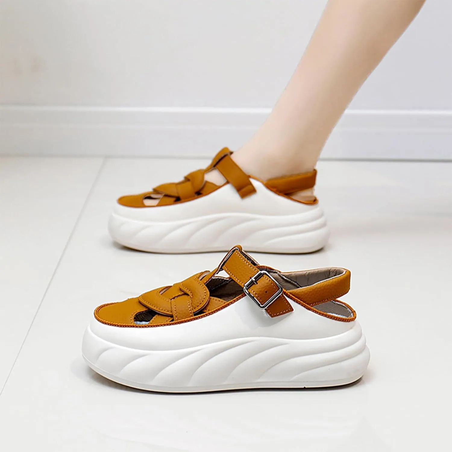 Womens Chunky Platform Leather Out Fisherman Sandals with Adjust Buckle Closed Round Toe Breathable Wear-Resistant Damping Increase Height Summer Outdoor Walking Sport Casual Shoes