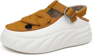 Womens Chunky Platform Leather Out Fisherman Sandals with Adjust Buckle Closed Round Toe Breathable Wear-Resistant Damping Increase Height Summer Outdoor Walking Sport Casual Shoes