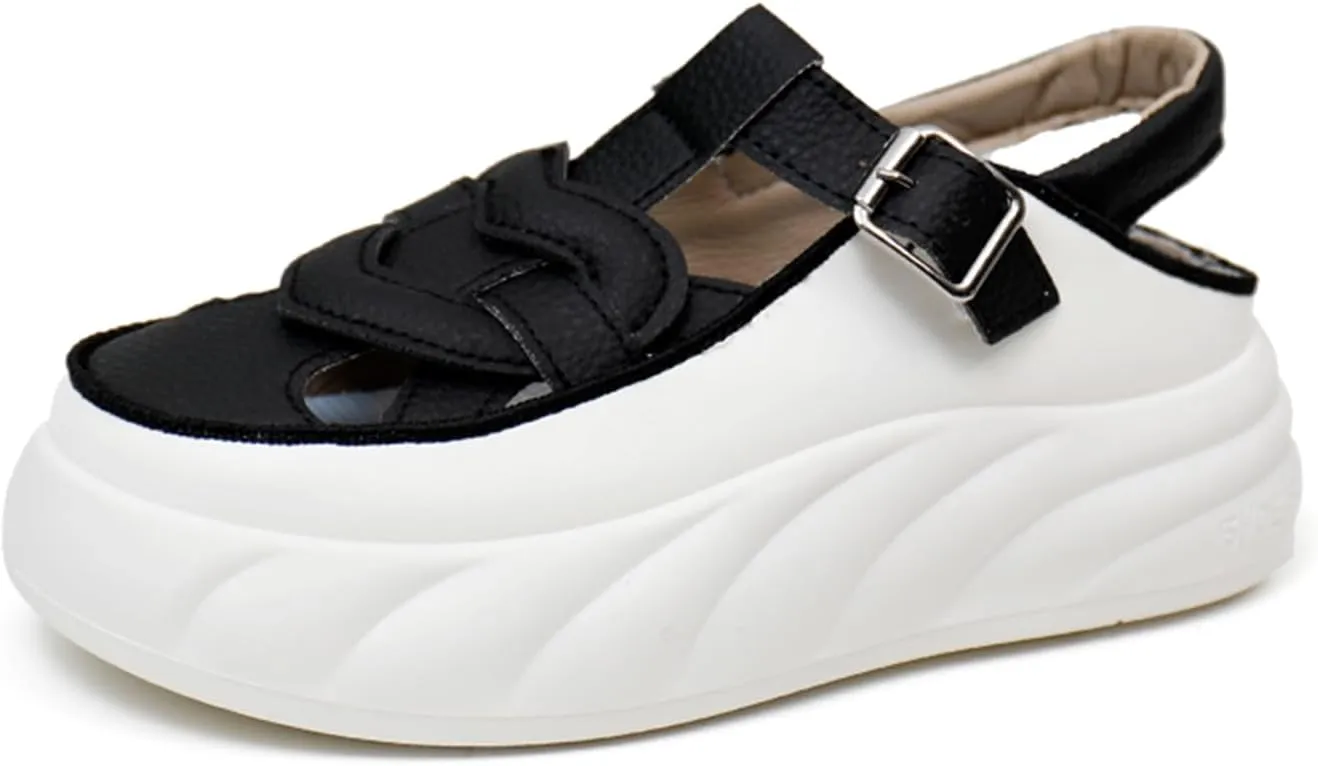 Womens Chunky Platform Leather Out Fisherman Sandals with Adjust Buckle Closed Round Toe Breathable Wear-Resistant Damping Increase Height Summer Outdoor Walking Sport Casual Shoes