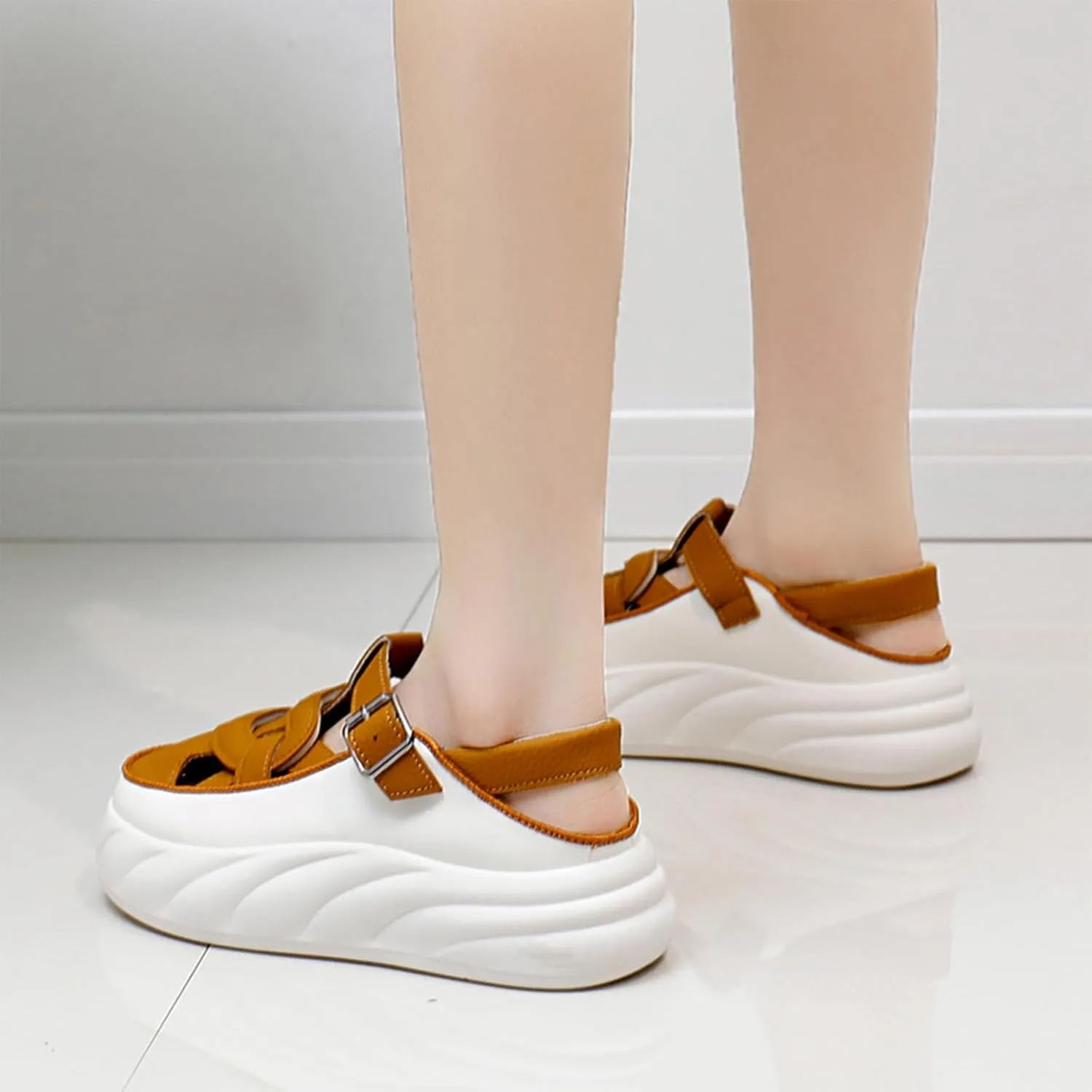 Womens Chunky Platform Leather Out Fisherman Sandals with Adjust Buckle Closed Round Toe Breathable Wear-Resistant Damping Increase Height Summer Outdoor Walking Sport Casual Shoes