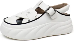 Womens Chunky Platform Leather Out Fisherman Sandals with Adjust Buckle Closed Round Toe Breathable Wear-Resistant Damping Increase Height Summer Outdoor Walking Sport Casual Shoes