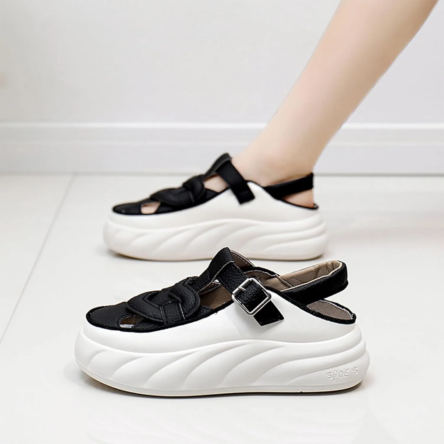 Womens Chunky Platform Leather Out Fisherman Sandals with Adjust Buckle Closed Round Toe Breathable Wear-Resistant Damping Increase Height Summer Outdoor Walking Sport Casual Shoes