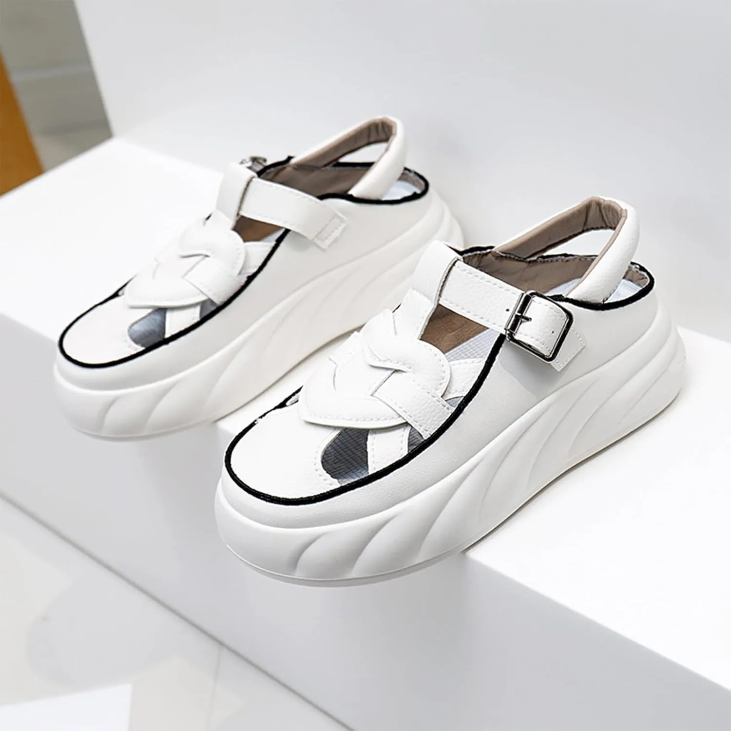 Womens Chunky Platform Leather Out Fisherman Sandals with Adjust Buckle Closed Round Toe Breathable Wear-Resistant Damping Increase Height Summer Outdoor Walking Sport Casual Shoes