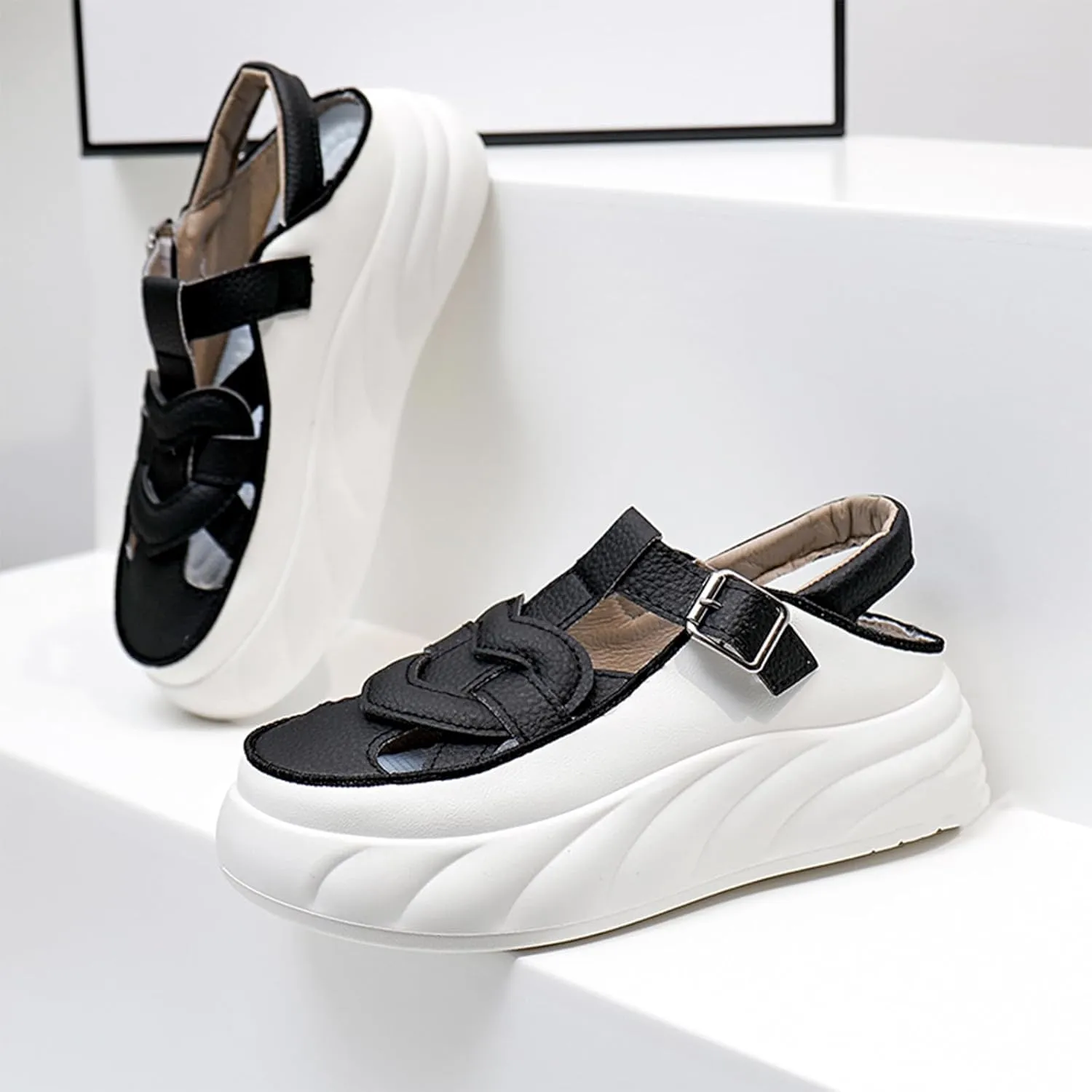 Womens Chunky Platform Leather Out Fisherman Sandals with Adjust Buckle Closed Round Toe Breathable Wear-Resistant Damping Increase Height Summer Outdoor Walking Sport Casual Shoes
