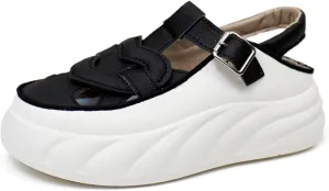 Womens Chunky Platform Leather Out Fisherman Sandals with Adjust Buckle Closed Round Toe Breathable Wear-Resistant Damping Increase Height Summer Outdoor Walking Sport Casual Shoes