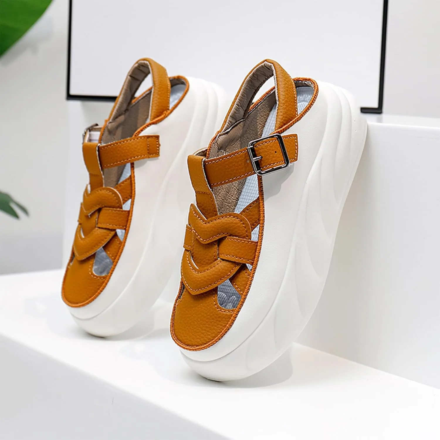 Womens Chunky Platform Leather Out Fisherman Sandals with Adjust Buckle Closed Round Toe Breathable Wear-Resistant Damping Increase Height Summer Outdoor Walking Sport Casual Shoes