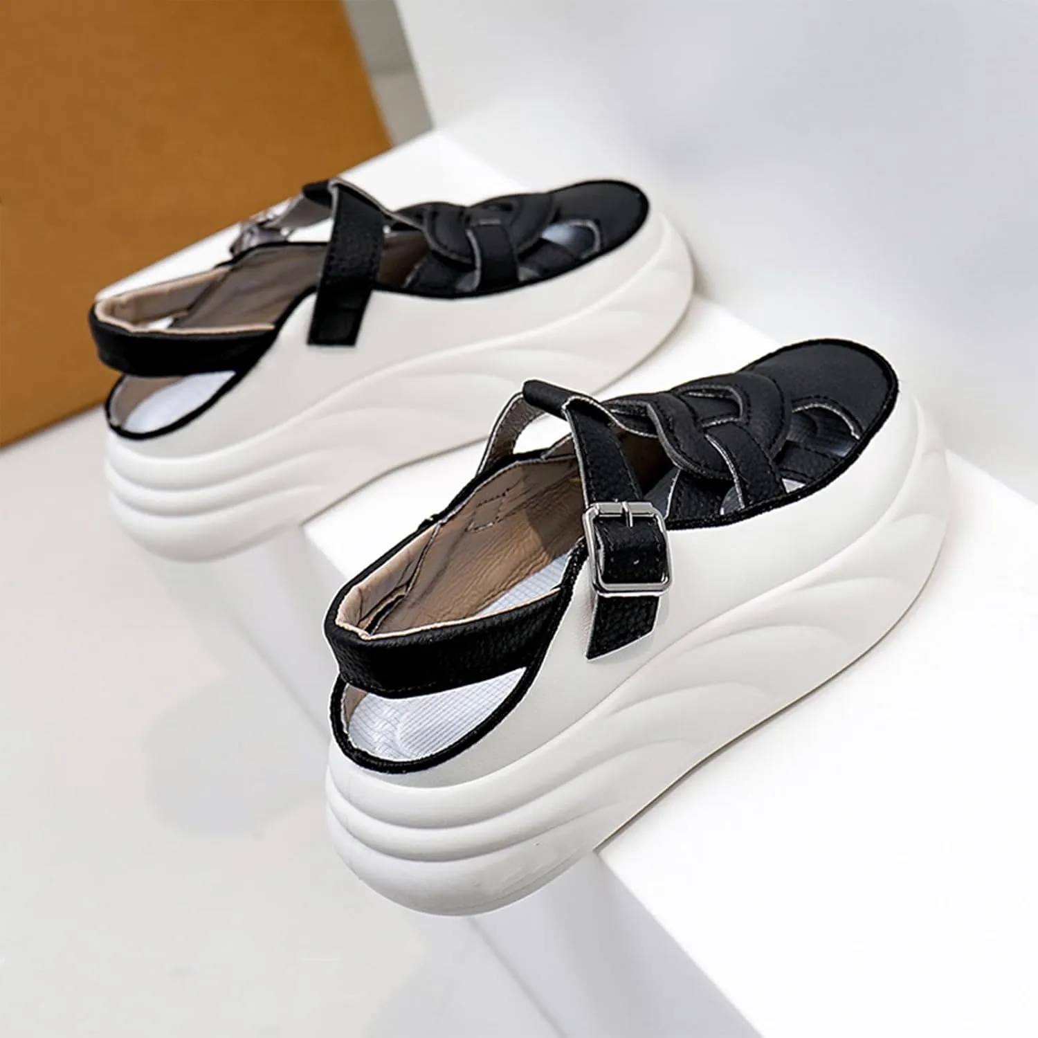 Womens Chunky Platform Leather Out Fisherman Sandals with Adjust Buckle Closed Round Toe Breathable Wear-Resistant Damping Increase Height Summer Outdoor Walking Sport Casual Shoes