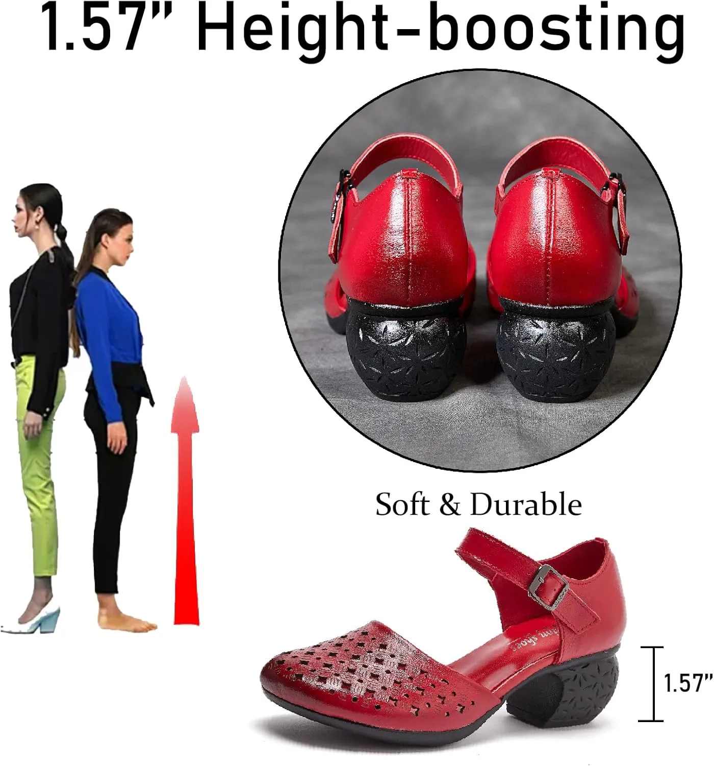 Women's Cow Leather Hollow Out Block Heel Sandals With Adjust Buckle Strap Retro Comfortable Closed Round Toe Summer Mid Heels Pumps for Prom Party Wedding