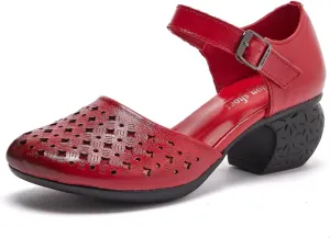 Women's Cow Leather Hollow Out Block Heel Sandals With Adjust Buckle Strap Retro Comfortable Closed Round Toe Summer Mid Heels Pumps for Prom Party Wedding