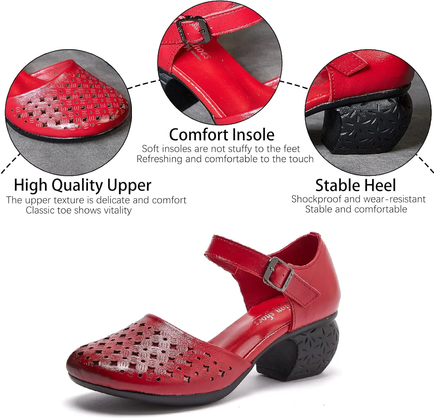 Women's Cow Leather Hollow Out Block Heel Sandals With Adjust Buckle Strap Retro Comfortable Closed Round Toe Summer Mid Heels Pumps for Prom Party Wedding