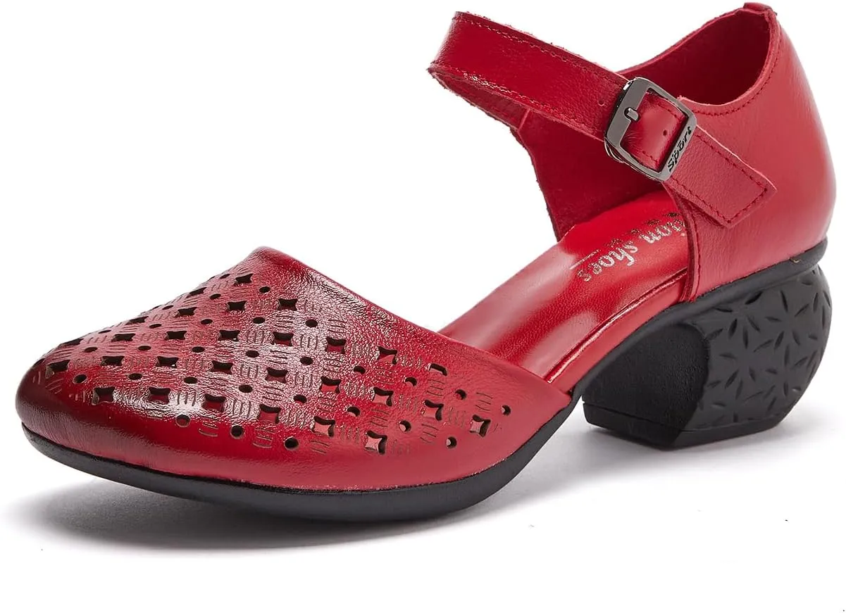 Women's Cow Leather Hollow Out Block Heel Sandals With Adjust Buckle Strap Retro Comfortable Closed Round Toe Summer Mid Heels Pumps for Prom Party Wedding