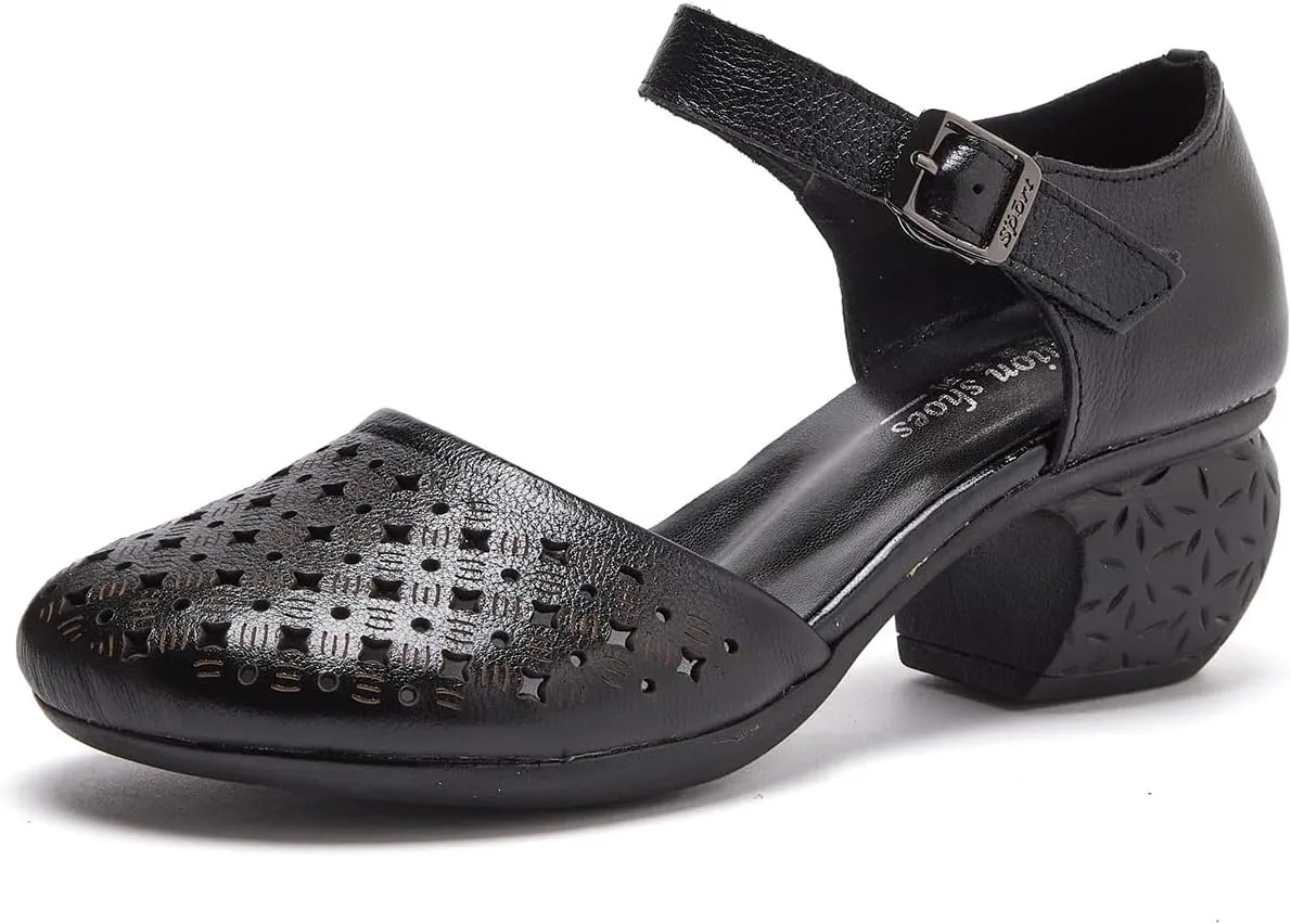 Women's Cow Leather Hollow Out Block Heel Sandals With Adjust Buckle Strap Retro Comfortable Closed Round Toe Summer Mid Heels Pumps for Prom Party Wedding