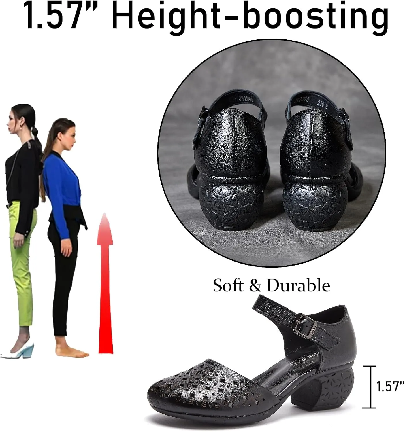Women's Cow Leather Hollow Out Block Heel Sandals With Adjust Buckle Strap Retro Comfortable Closed Round Toe Summer Mid Heels Pumps for Prom Party Wedding