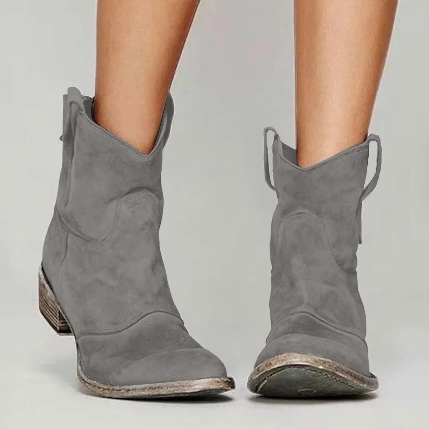 Women's Cowboy Boots Mid Calf Modern Round toe Chunky Heel Cowgirl Ankle Boots with Pull On Tabs Country Boots