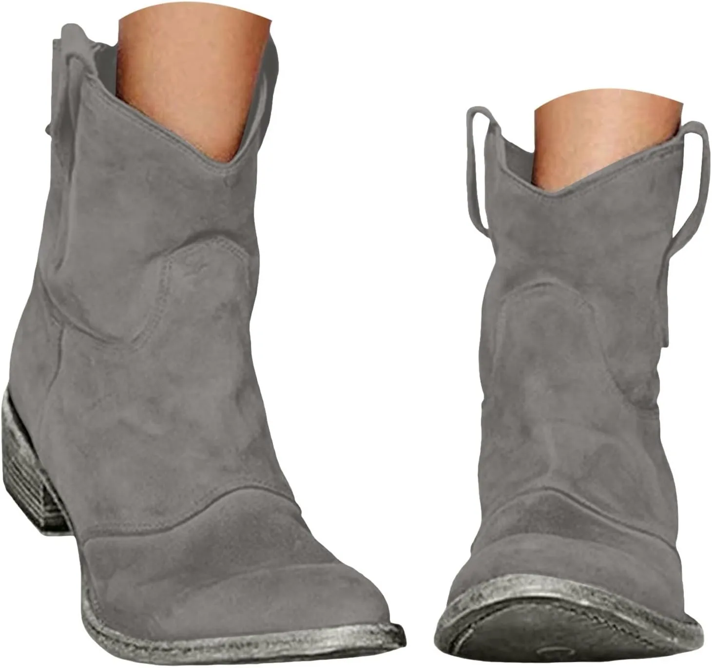 Women's Cowboy Boots Mid Calf Modern Round toe Chunky Heel Cowgirl Ankle Boots with Pull On Tabs Country Boots