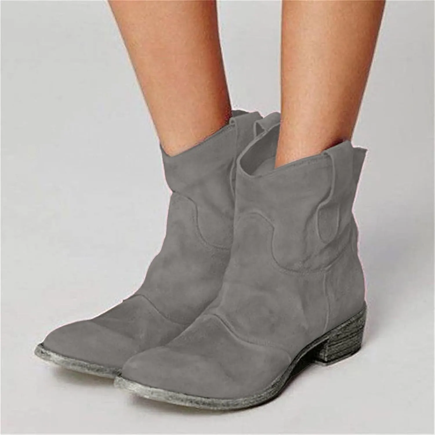 Women's Cowboy Boots Mid Calf Modern Round toe Chunky Heel Cowgirl Ankle Boots with Pull On Tabs Country Boots