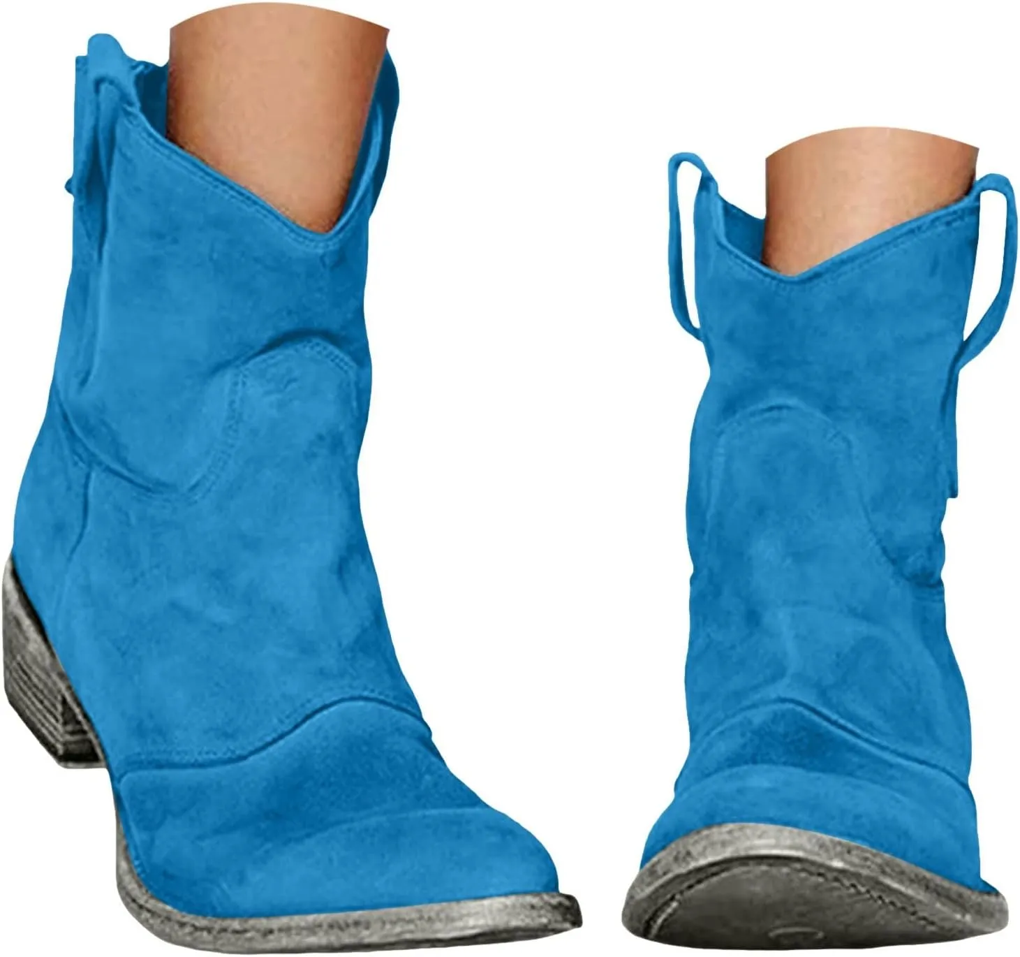 Women's Cowboy Boots Mid Calf Modern Round toe Chunky Heel Cowgirl Ankle Boots with Pull On Tabs Country Boots