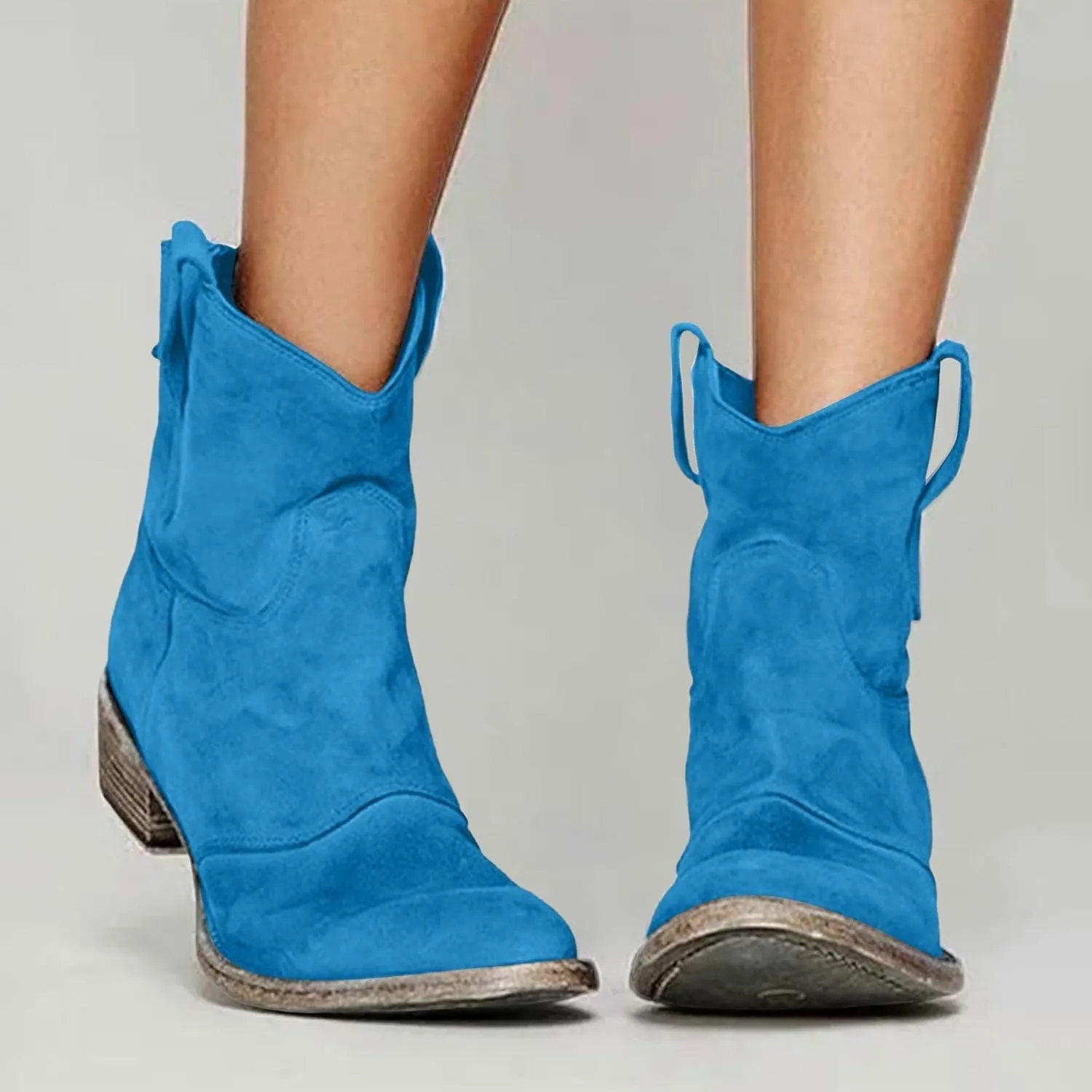 Women's Cowboy Boots Mid Calf Modern Round toe Chunky Heel Cowgirl Ankle Boots with Pull On Tabs Country Boots