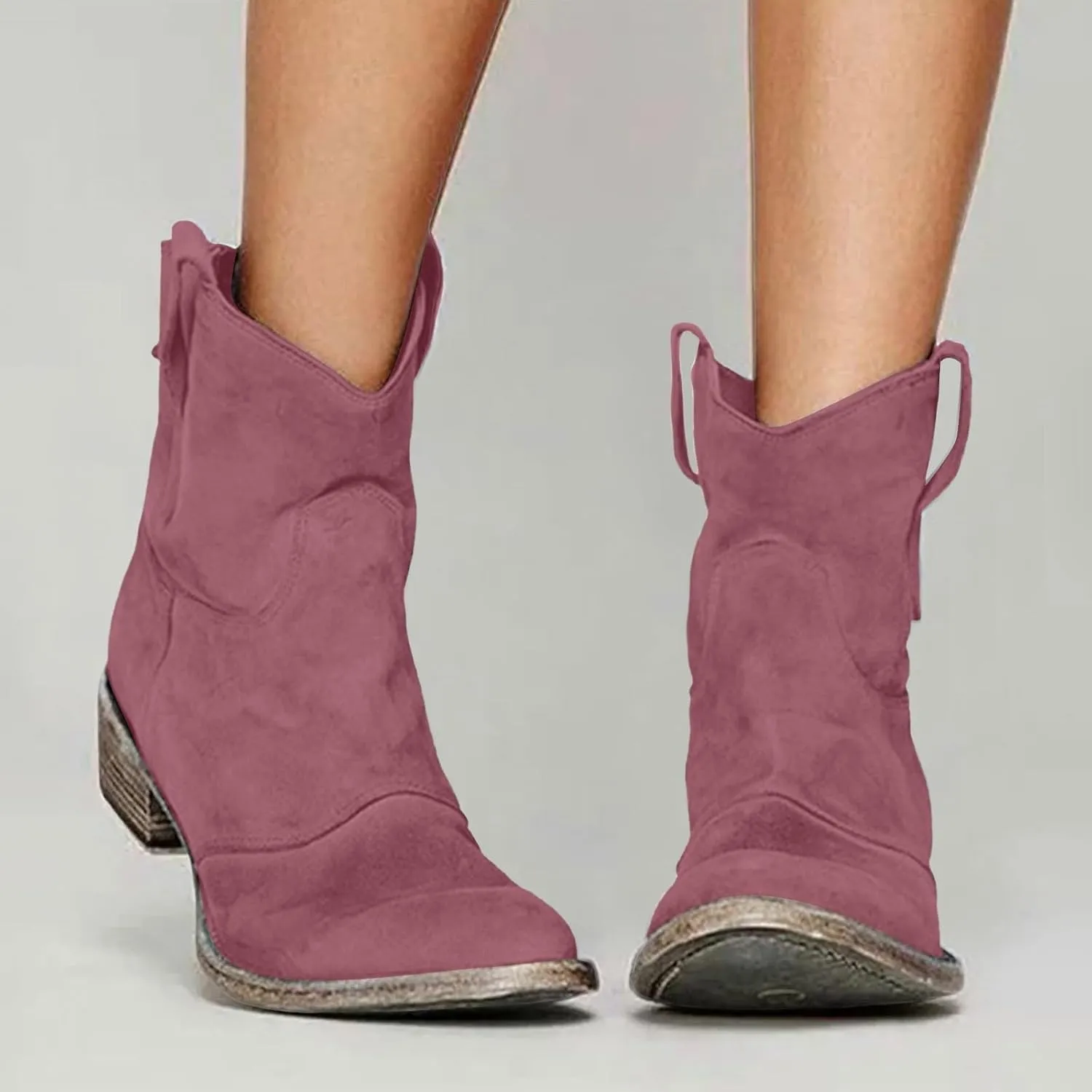Women's Cowboy Boots Mid Calf Modern Round toe Chunky Heel Cowgirl Ankle Boots with Pull On Tabs Country Boots