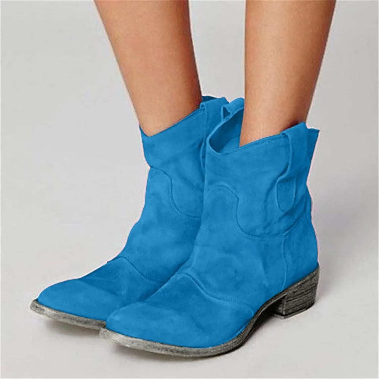 Women's Cowboy Boots Mid Calf Modern Round toe Chunky Heel Cowgirl Ankle Boots with Pull On Tabs Country Boots