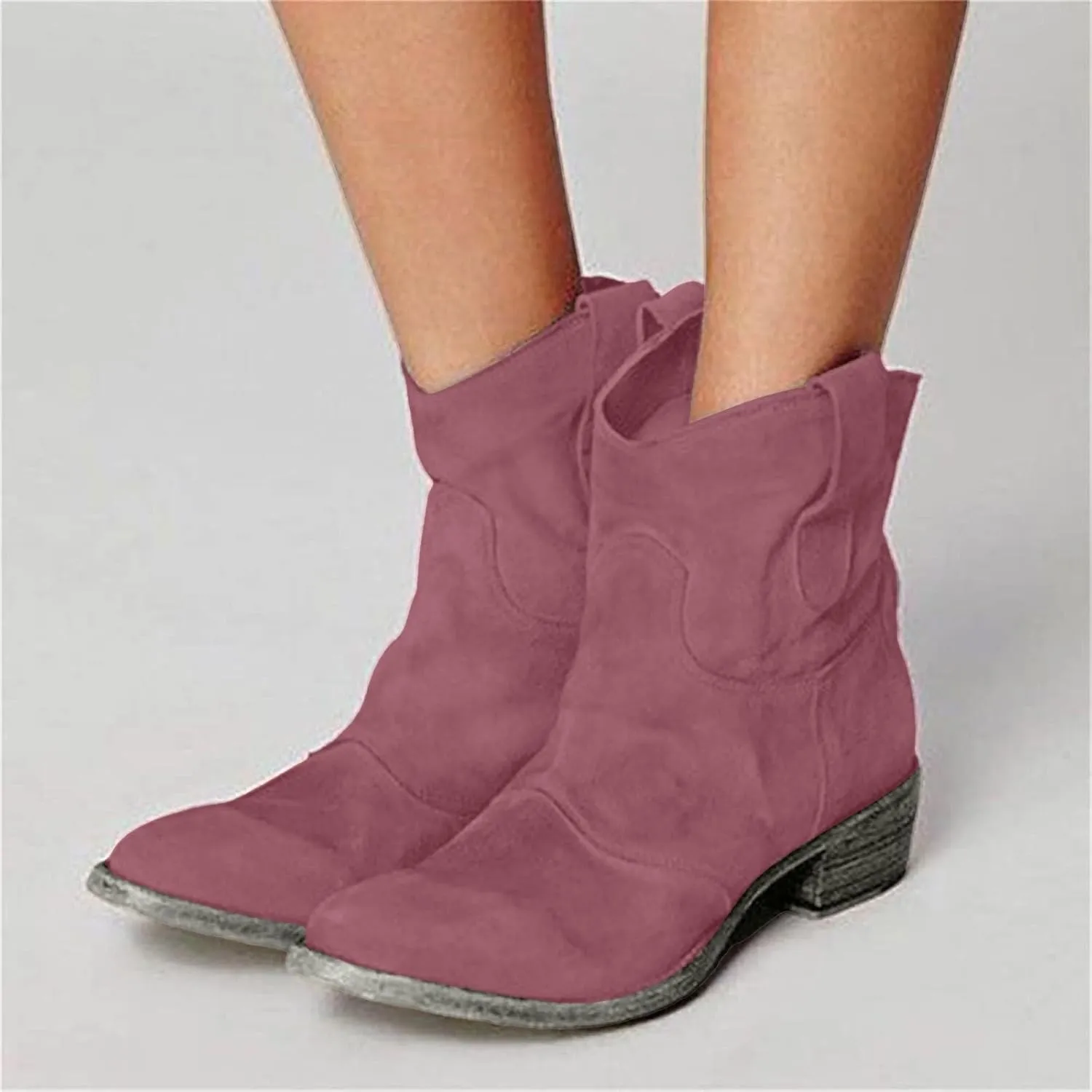 Women's Cowboy Boots Mid Calf Modern Round toe Chunky Heel Cowgirl Ankle Boots with Pull On Tabs Country Boots