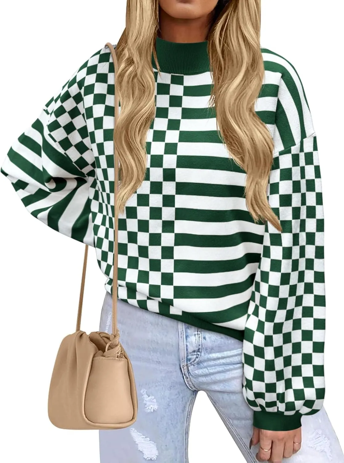 Women's Crewneck Lantern Long Sleeve Sweaters 2024 Oversized Ribbed Knit Pullover Jumper Tops