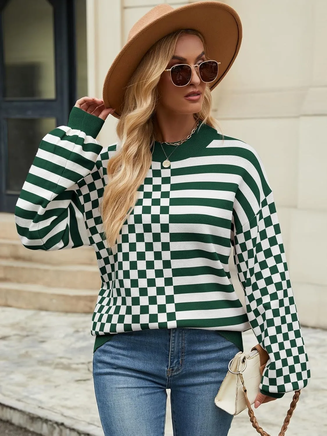 Women's Crewneck Lantern Long Sleeve Sweaters 2024 Oversized Ribbed Knit Pullover Jumper Tops