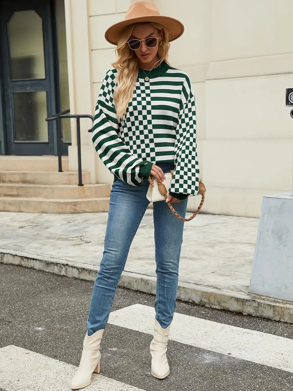 Women's Crewneck Lantern Long Sleeve Sweaters 2024 Oversized Ribbed Knit Pullover Jumper Tops