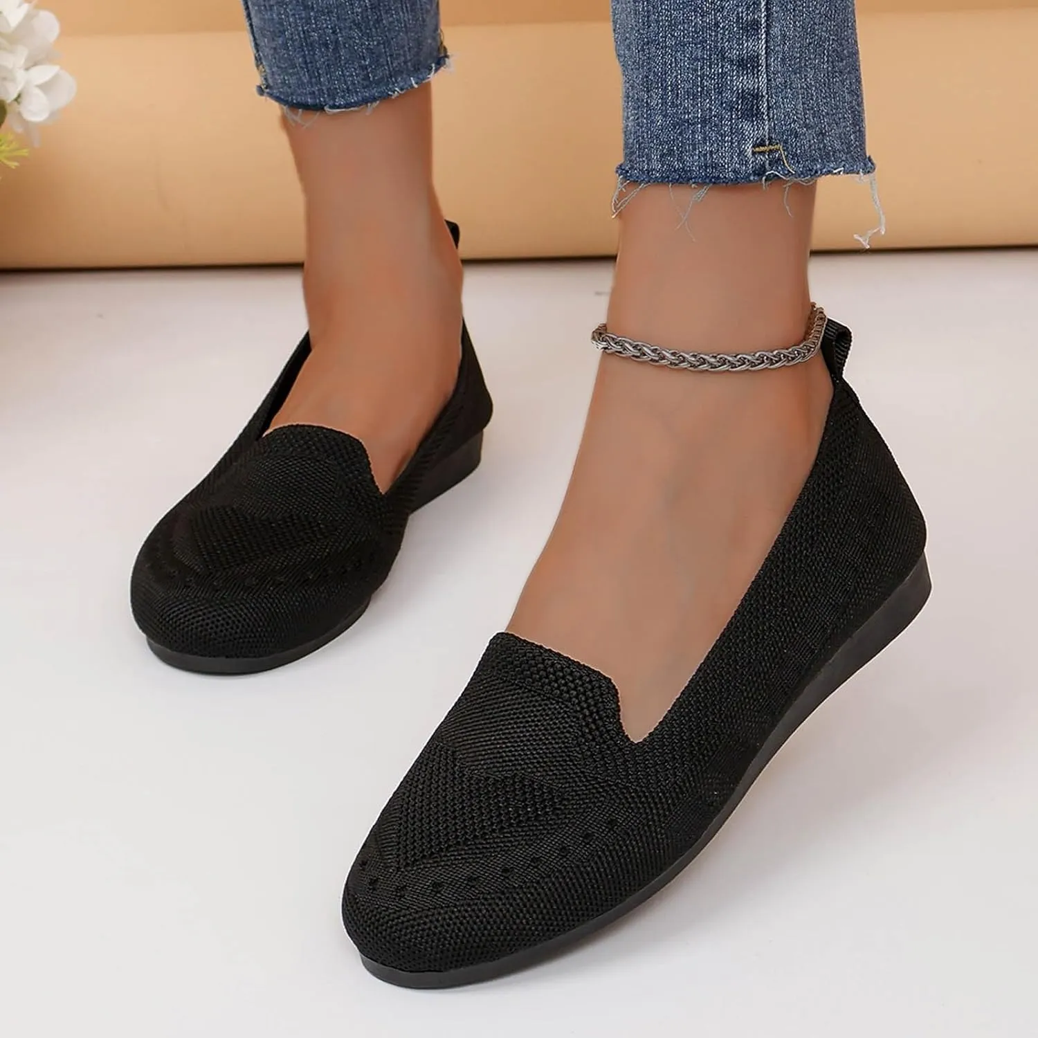 Women's Dressy Flats Knit Shoes Non Slip Flats for Daily Wear, Comfortable Soft Cushion and Breathable Walking Shoes