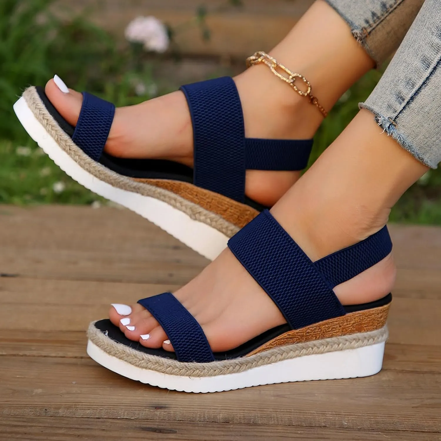 Womens Espadrille Wedge Sandals EVA Sole Platform Sandal Open Toe Ankle Strap Buckle Elastic Summer Comfort Slides Anti-Slip Espadrilles Leather Cork Rubber 2025 Lightweight Flat Shoes