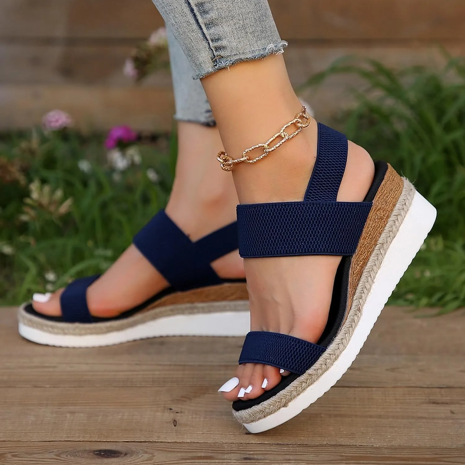 Womens Espadrille Wedge Sandals EVA Sole Platform Sandal Open Toe Ankle Strap Buckle Elastic Summer Comfort Slides Anti-Slip Espadrilles Leather Cork Rubber 2025 Lightweight Flat Shoes