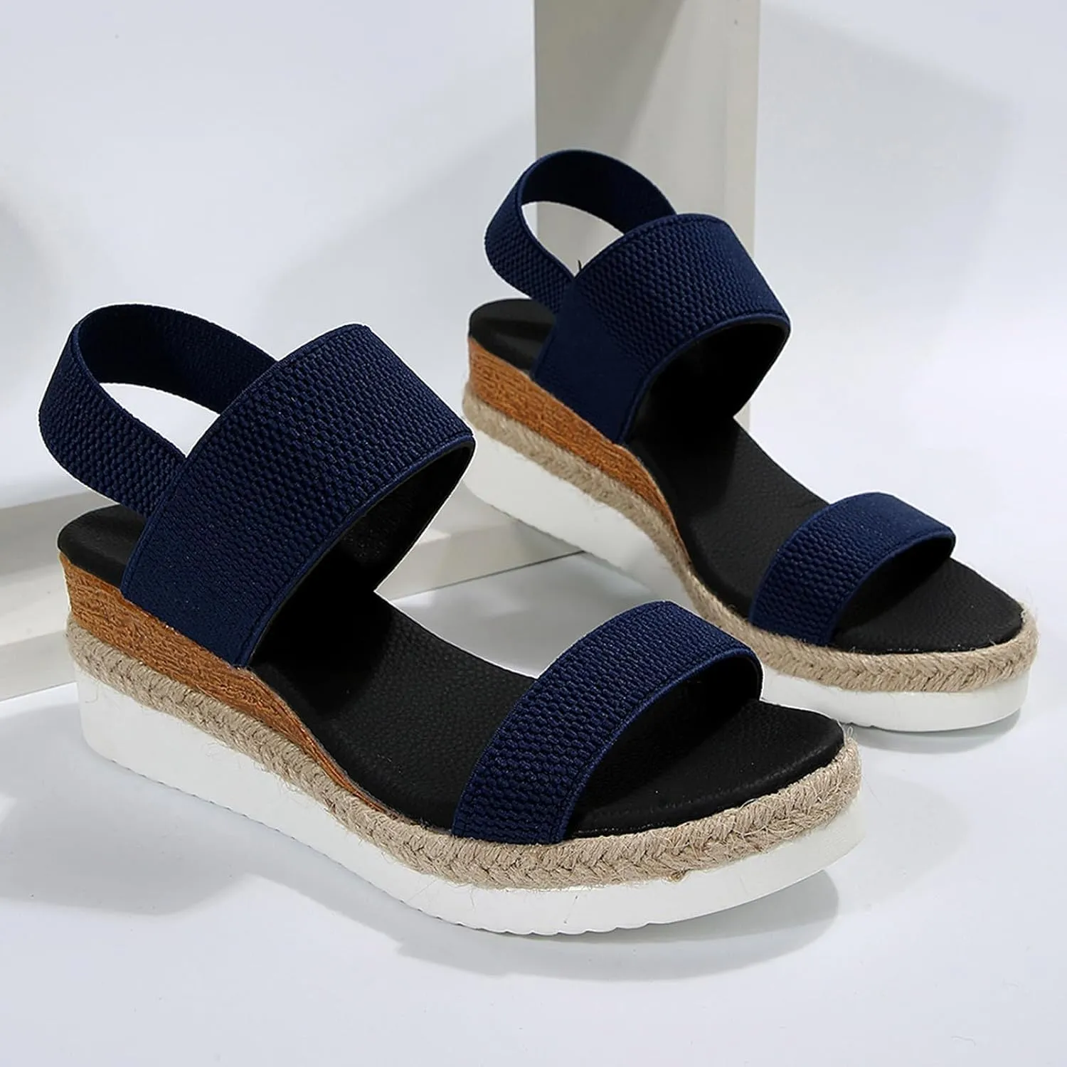 Womens Espadrille Wedge Sandals EVA Sole Platform Sandal Open Toe Ankle Strap Buckle Elastic Summer Comfort Slides Anti-Slip Espadrilles Leather Cork Rubber 2025 Lightweight Flat Shoes