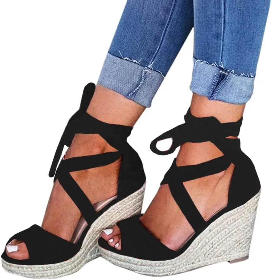 Womens Espadrilles Wedges Sandals Heels Open Toe Tie Lace Up Platform Ankle Strap Summer Dress Shoes