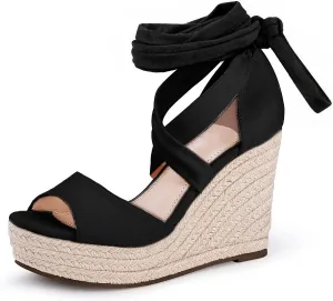 Womens Espadrilles Wedges Sandals Heels Open Toe Tie Lace Up Platform Ankle Strap Summer Dress Shoes