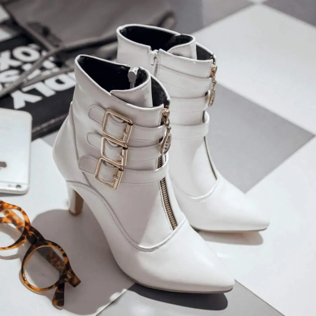 Women's Fashion Buckle Strappy Ankle Boots Pointy Toe Zipper Stiletto Kitten Heel Dress Short Booties