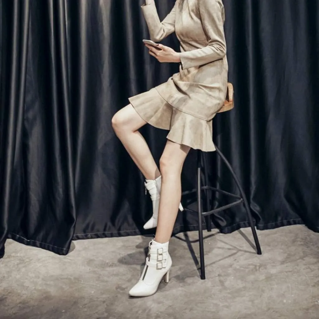 Women's Fashion Buckle Strappy Ankle Boots Pointy Toe Zipper Stiletto Kitten Heel Dress Short Booties