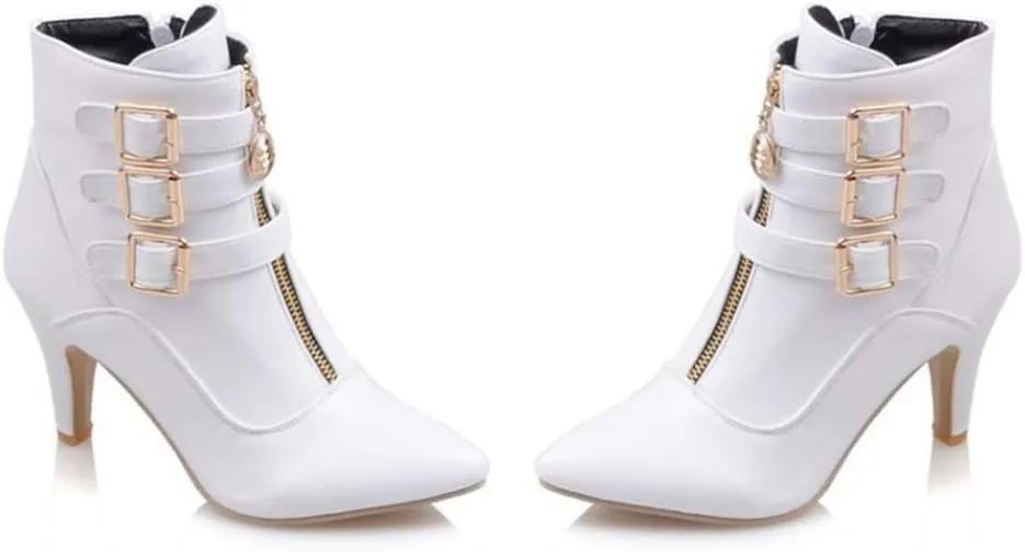 Women's Fashion Buckle Strappy Ankle Boots Pointy Toe Zipper Stiletto Kitten Heel Dress Short Booties
