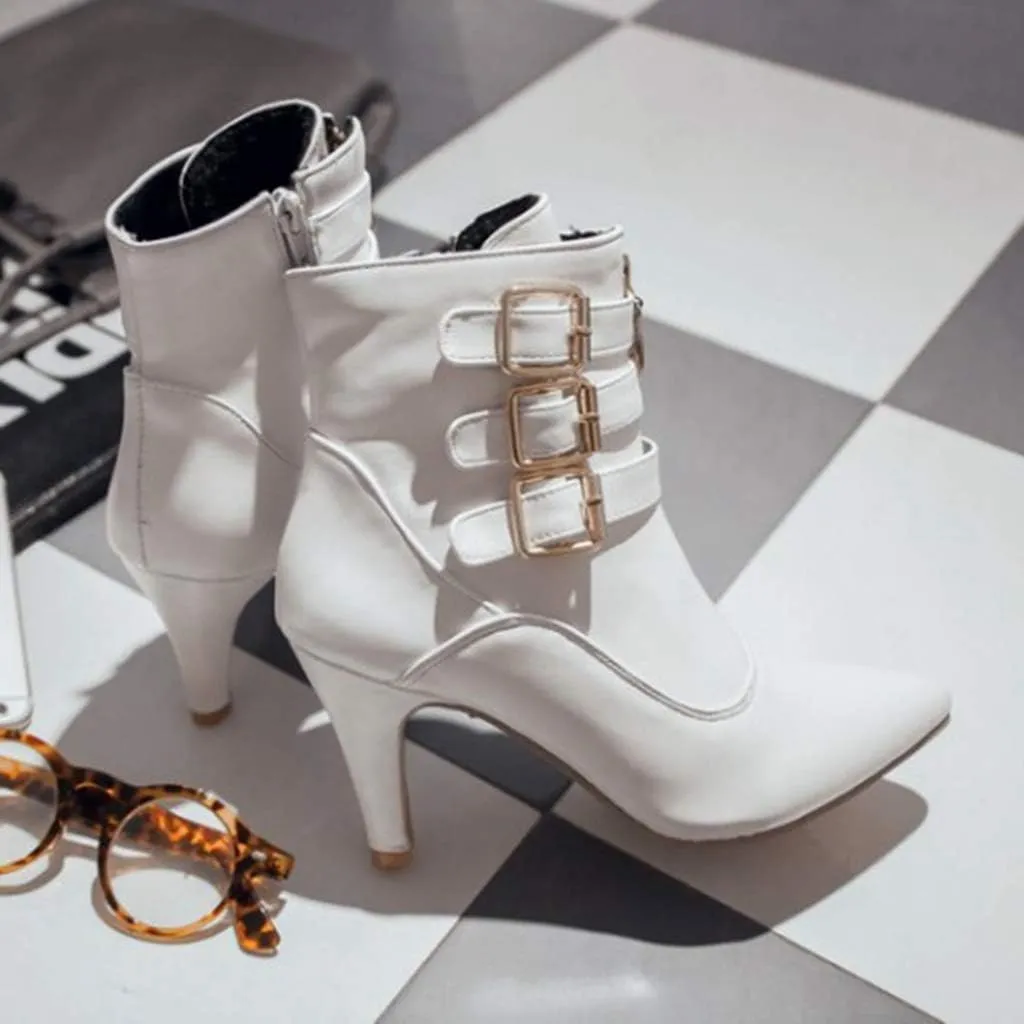 Women's Fashion Buckle Strappy Ankle Boots Pointy Toe Zipper Stiletto Kitten Heel Dress Short Booties