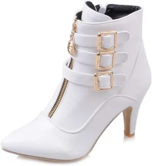 Women's Fashion Buckle Strappy Ankle Boots Pointy Toe Zipper Stiletto Kitten Heel Dress Short Booties
