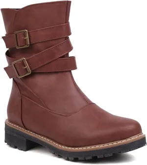 Women's Fashion Buckle Strappy Combat Ankle Boots Round Toe Zipper Flat Western Riding Short Booties