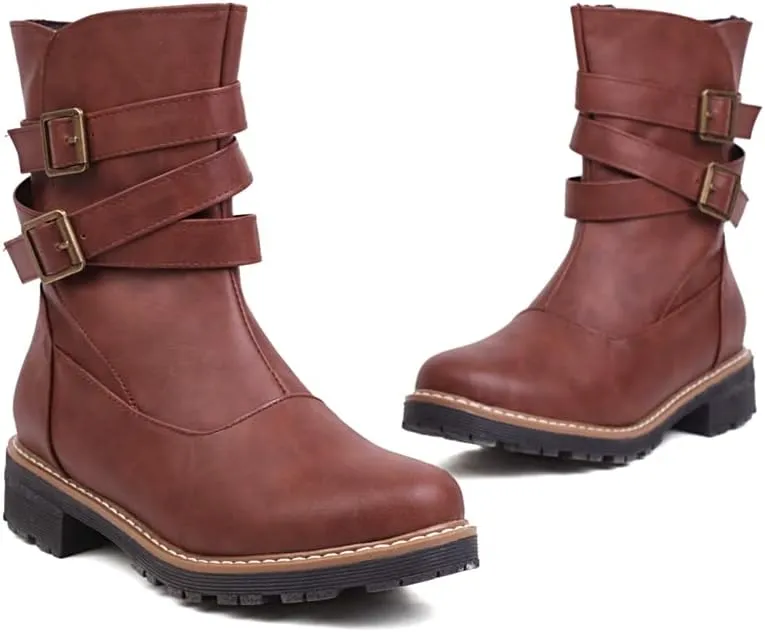 Women's Fashion Buckle Strappy Combat Ankle Boots Round Toe Zipper Flat Western Riding Short Booties