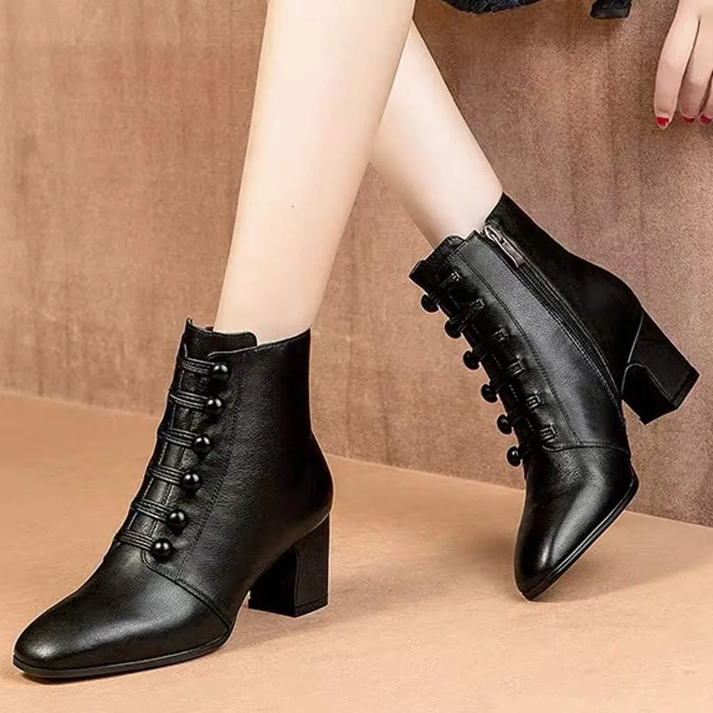 Womens Fashion Button Ankle Boots Solid Color Pointed Toe Side Zipper Chunky High Heel Boots Comfortable Casual Square Heel Short Booties Shoes